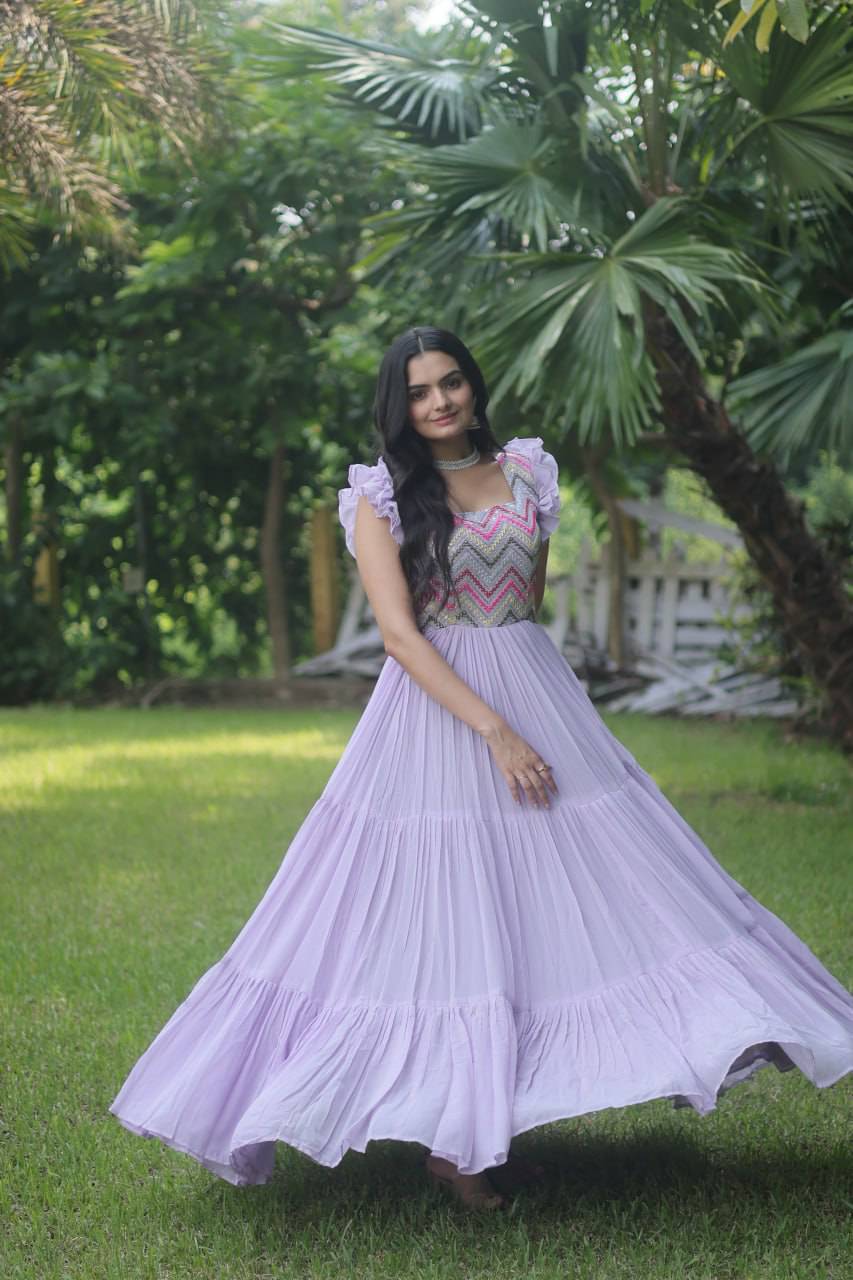 Loveable Faux Georgette Sequins Embroidered Fully Stitched Gown - Ethnicwish