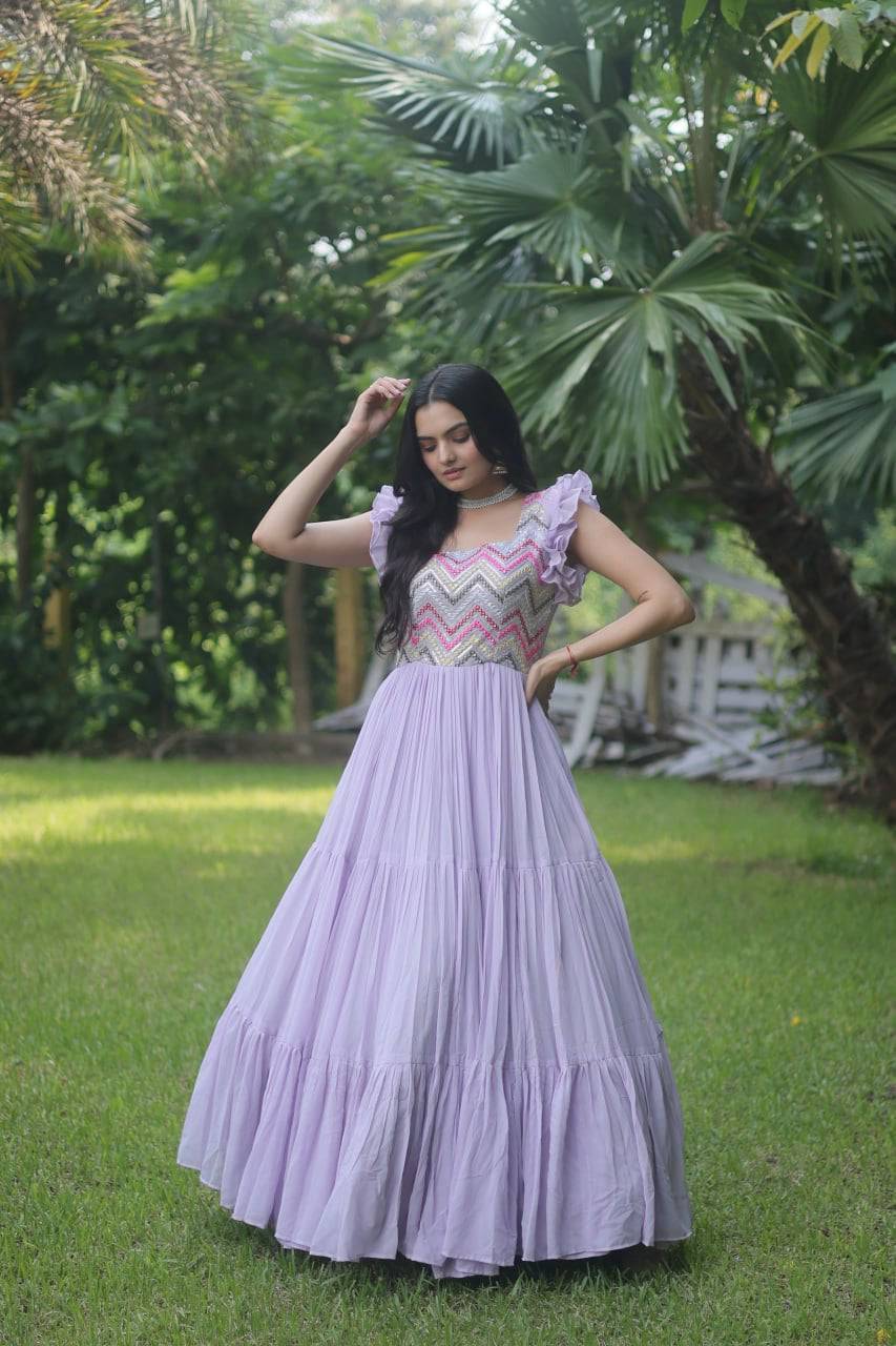 Loveable Faux Georgette Sequins Embroidered Fully Stitched Gown - Ethnicwish