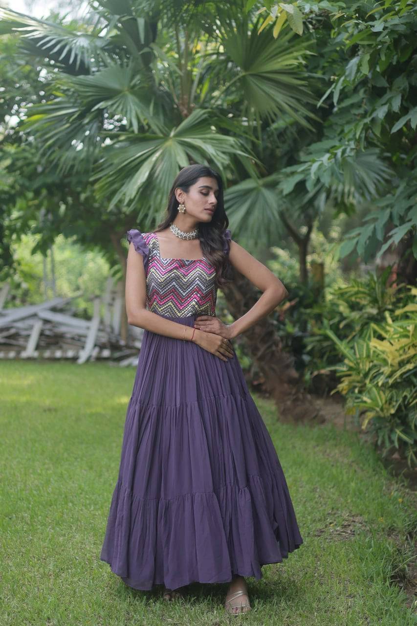 Loveable Faux Georgette Sequins Embroidered Fully Stitched Gown - Ethnicwish