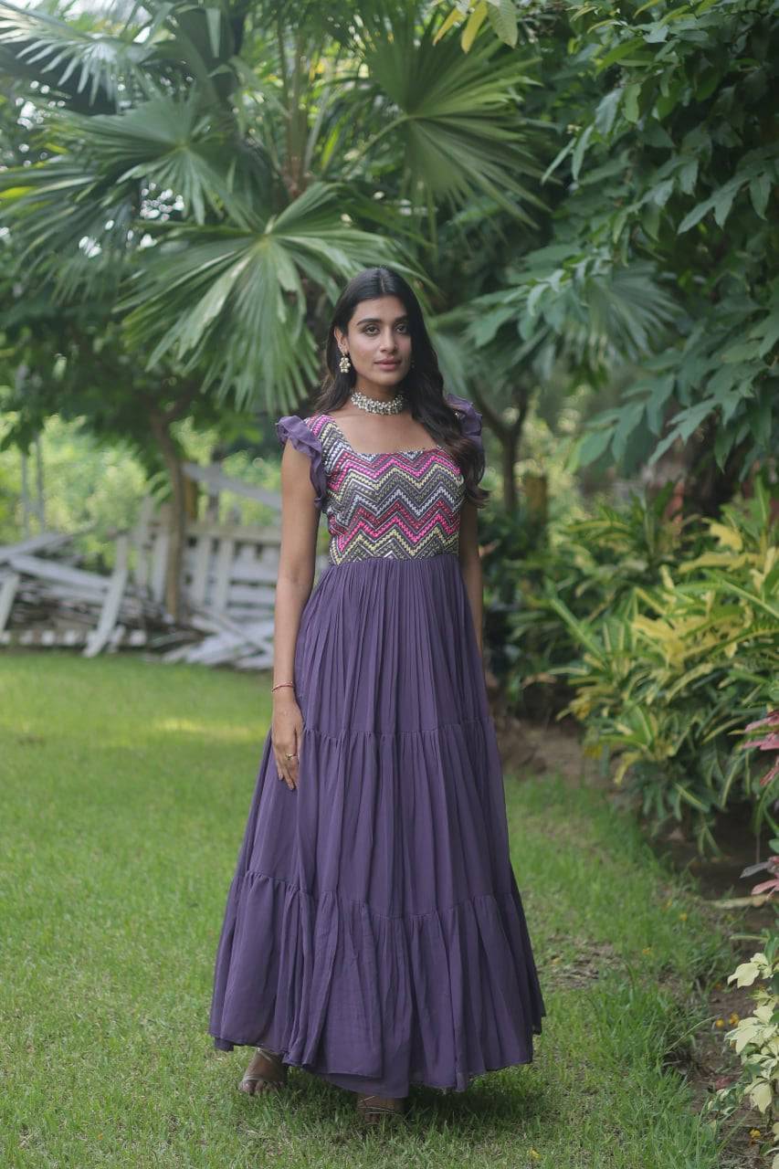 Loveable Faux Georgette Sequins Embroidered Fully Stitched Gown - Ethnicwish