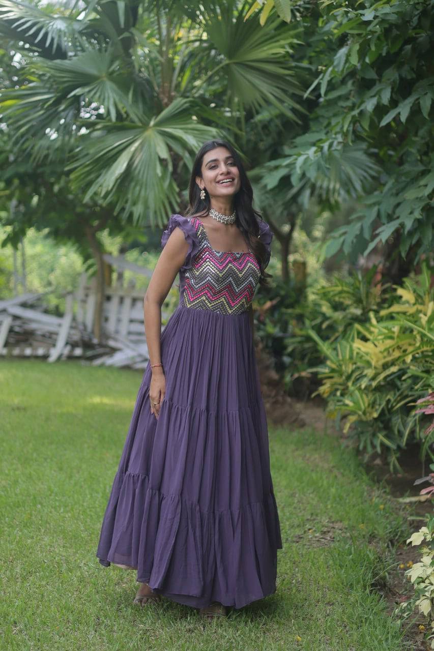 Loveable Faux Georgette Sequins Embroidered Fully Stitched Gown - Ethnicwish
