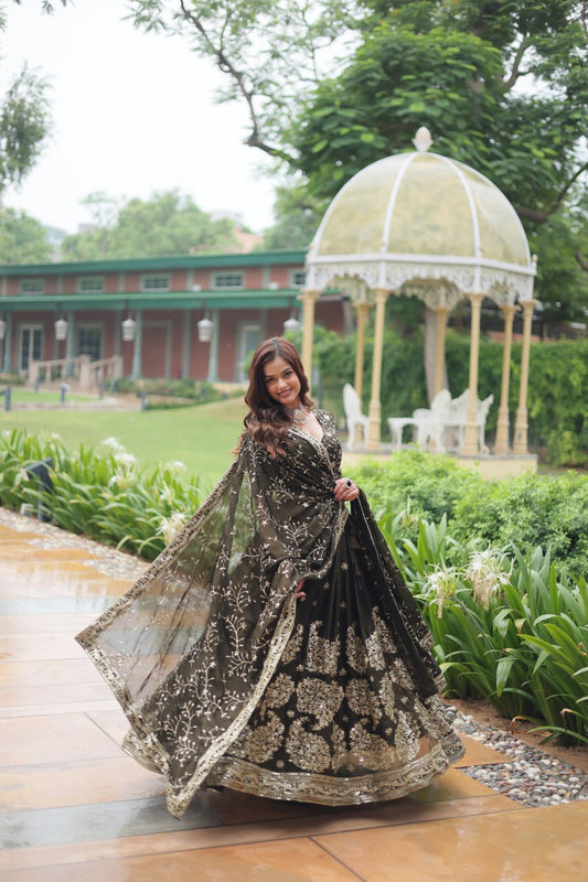 Luminous Mehendi Green Sequins Embroidered Designer Lehenga Choli - Ethnicwish