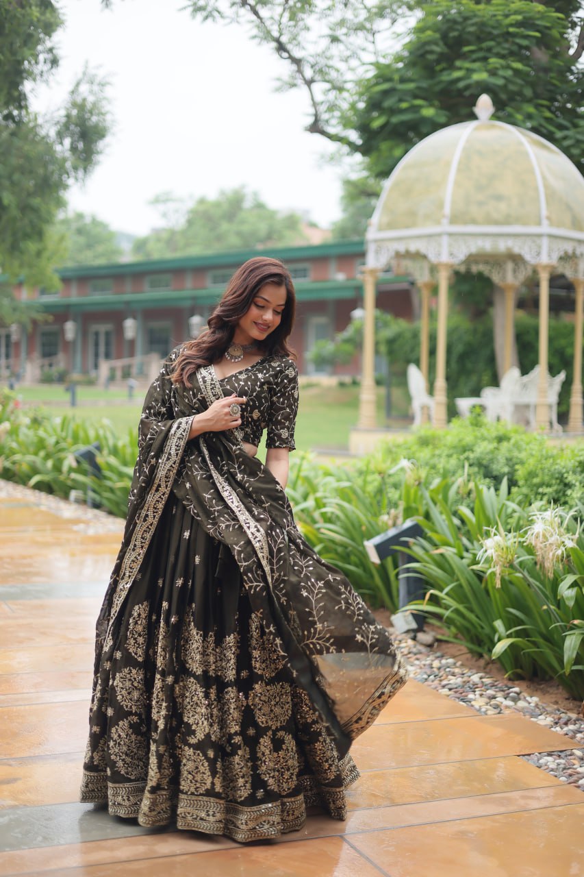 Luminous Mehendi Green Sequins Embroidered Designer Lehenga Choli - Ethnicwish