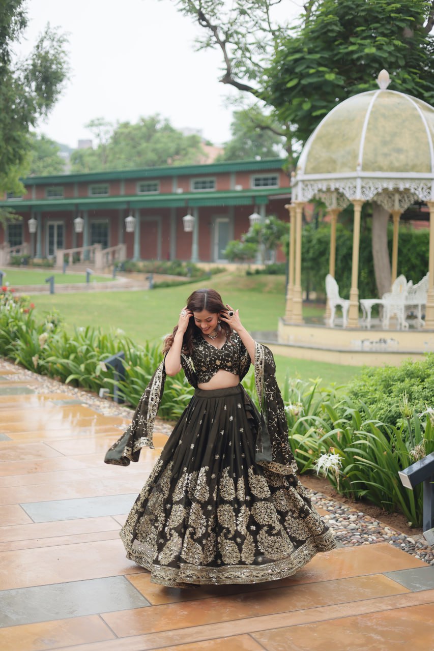 Luminous Mehendi Green Sequins Embroidered Designer Lehenga Choli - Ethnicwish