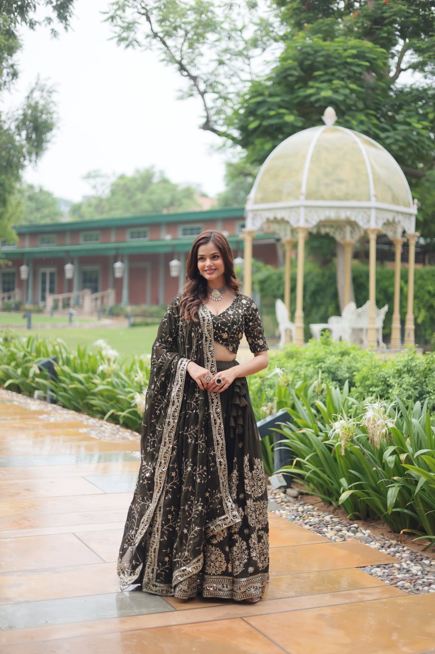 Luminous Mehendi Green Sequins Embroidered Designer Lehenga Choli - Ethnicwish