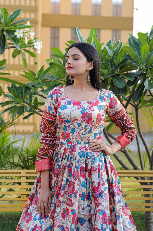 Hypnotic Banarasi Silk Kalamkari Printed Stitched Designer Gown - Ethnicwish