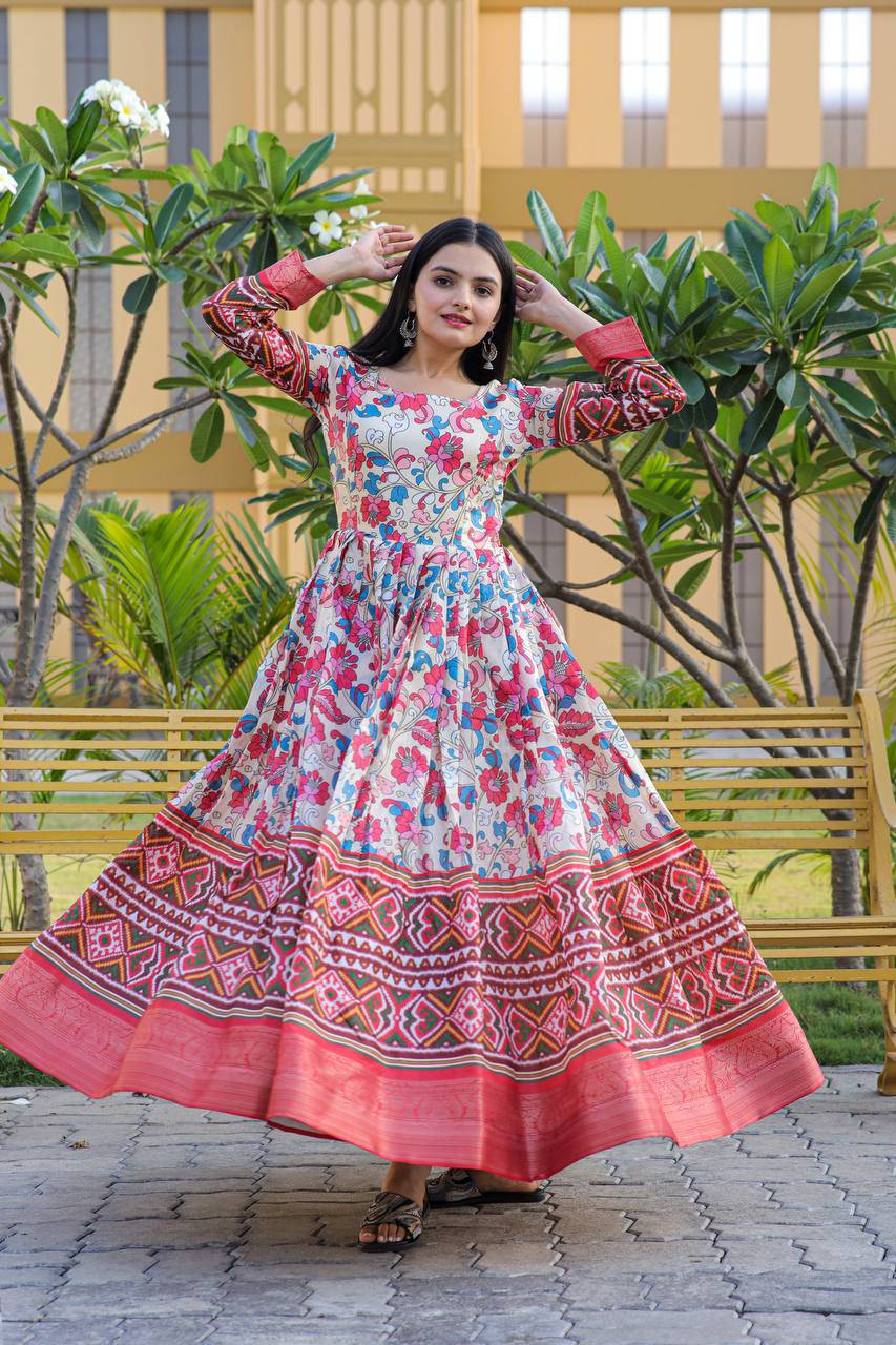 Hypnotic Banarasi Silk Kalamkari Printed Stitched Designer Gown - Ethnicwish