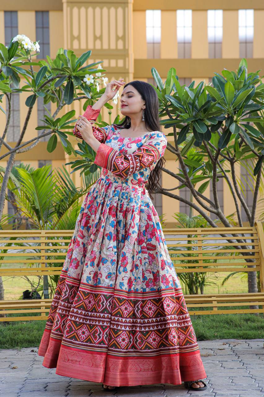 Hypnotic Banarasi Silk Kalamkari Printed Stitched Designer Gown - Ethnicwish