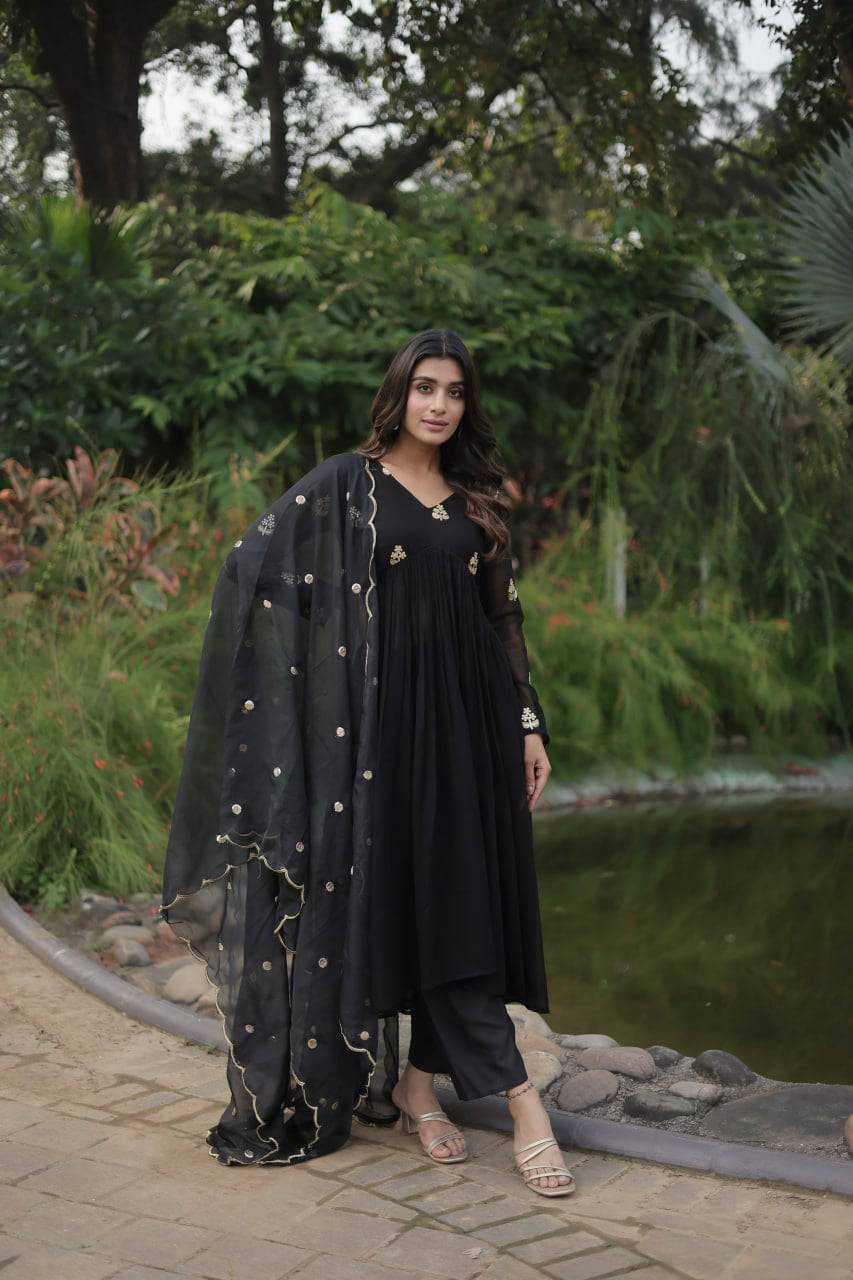 Alia Cut Faux Georgette Embroidered Anarkali Pant Suit - Ethnicwish