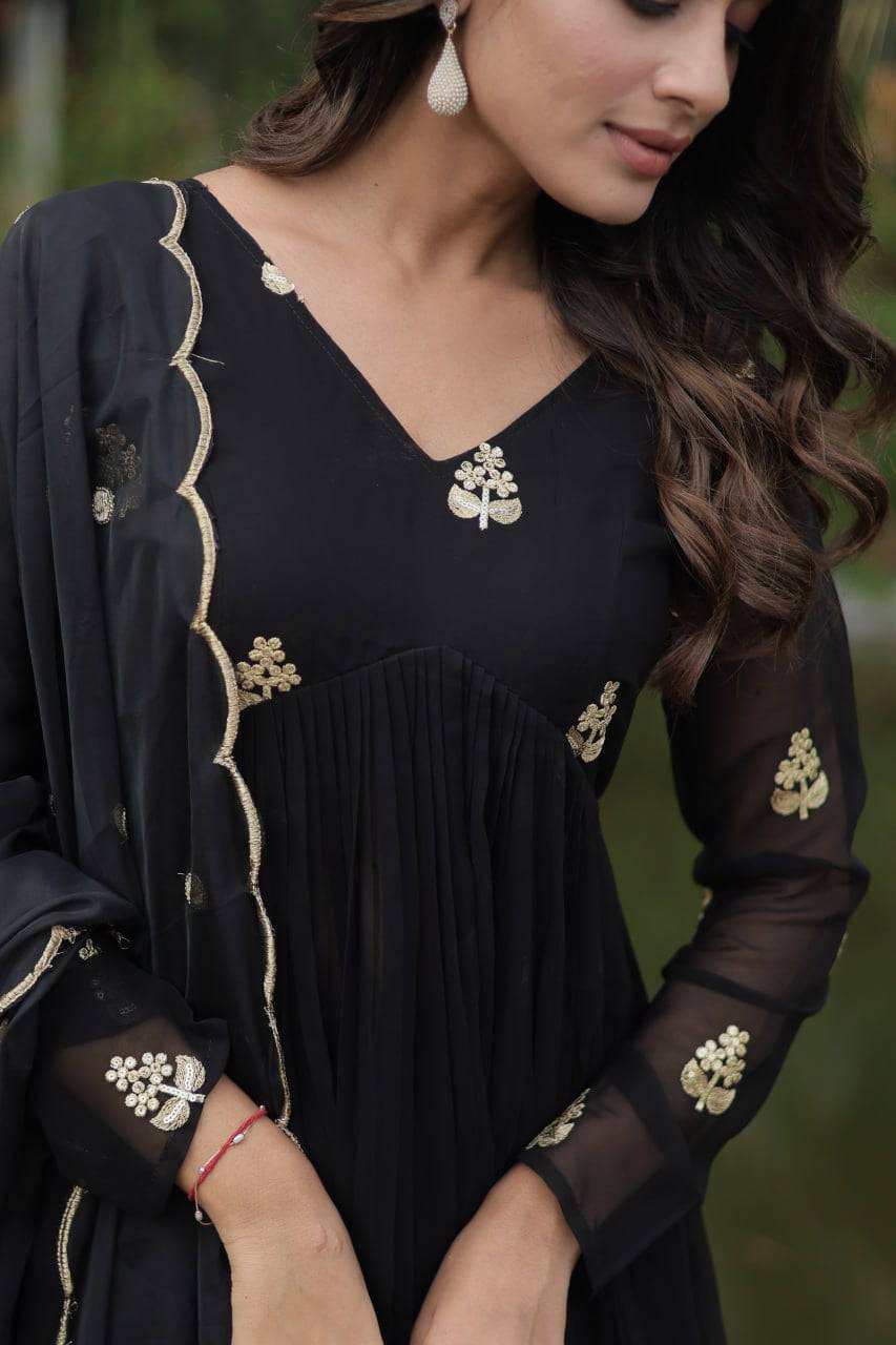Alia Cut Faux Georgette Embroidered Anarkali Pant Suit - Ethnicwish