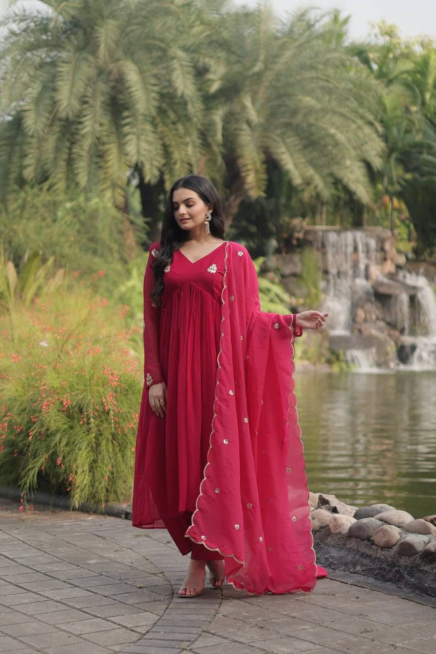 Alia Cut Faux Georgette Embroidered Anarkali Pant Suit - Ethnicwish