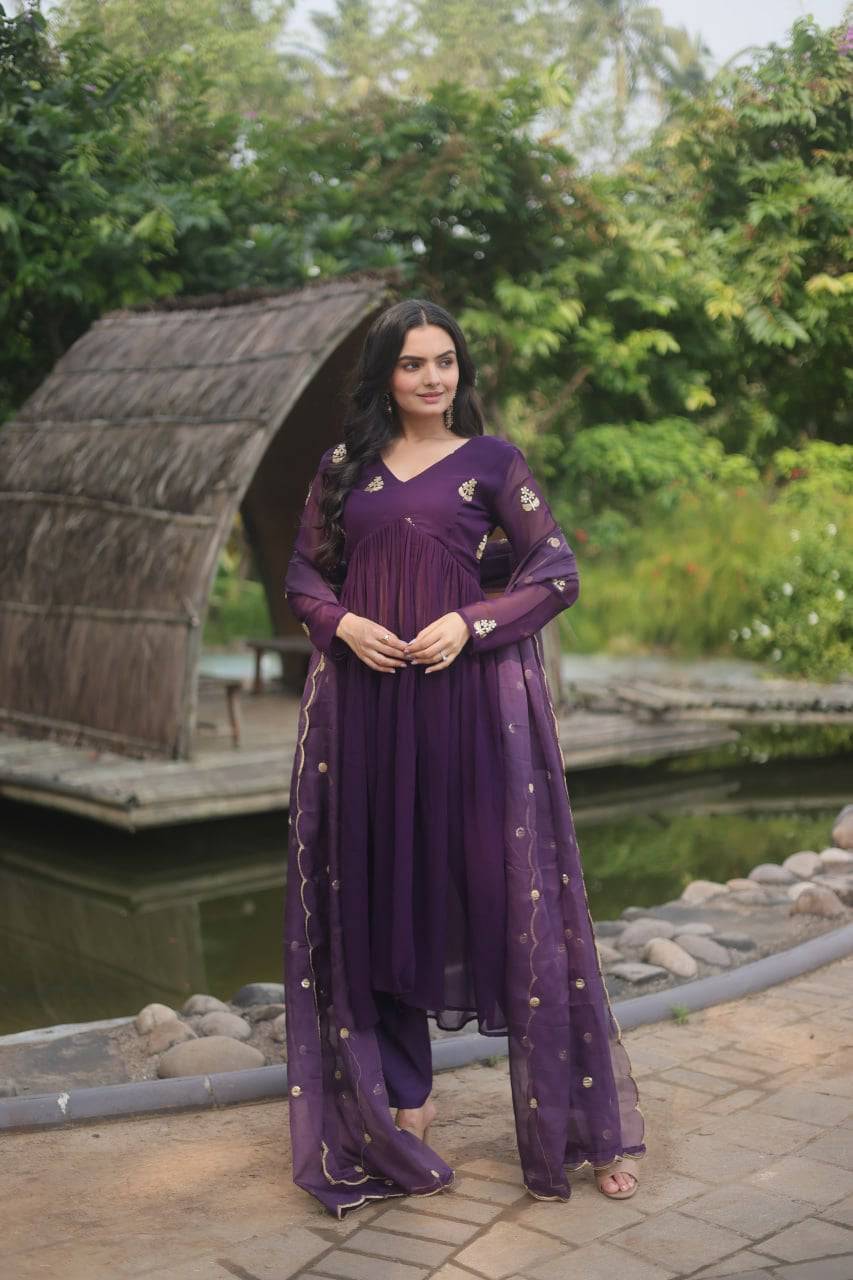 Alia Cut Faux Georgette Embroidered Anarkali Pant Suit - Ethnicwish