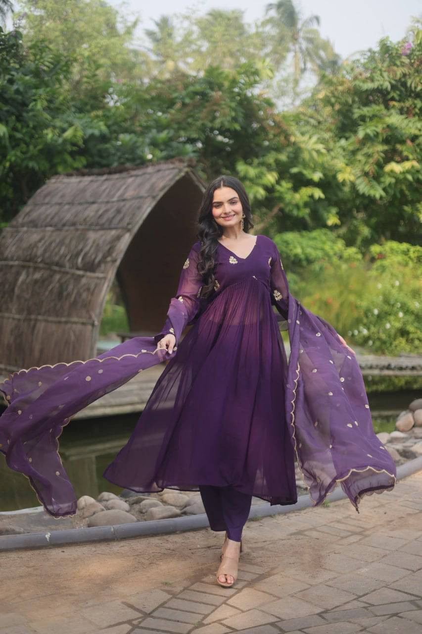 Alia Cut Faux Georgette Embroidered Anarkali Pant Suit - Ethnicwish