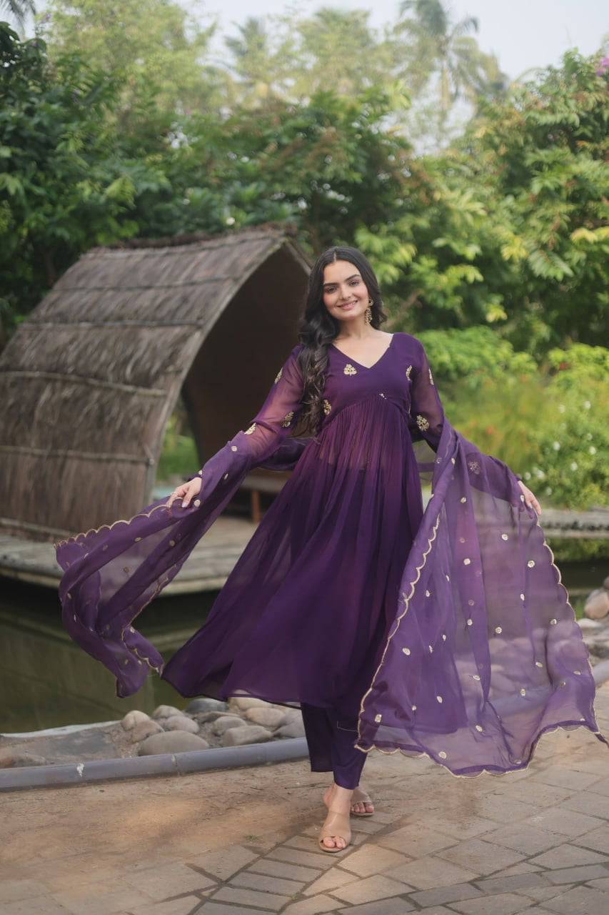 Alia Cut Faux Georgette Embroidered Anarkali Pant Suit - Ethnicwish