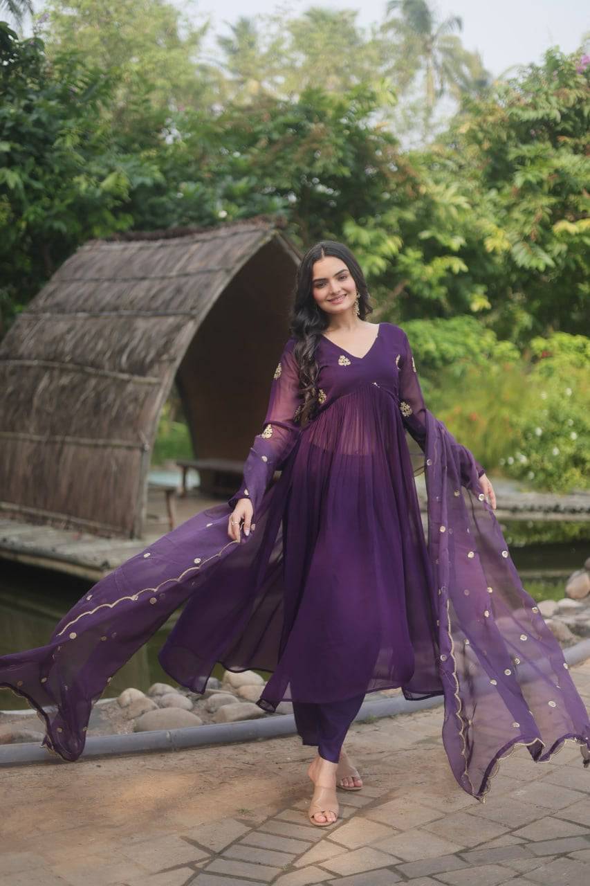 Alia Cut Faux Georgette Embroidered Anarkali Pant Suit - Ethnicwish