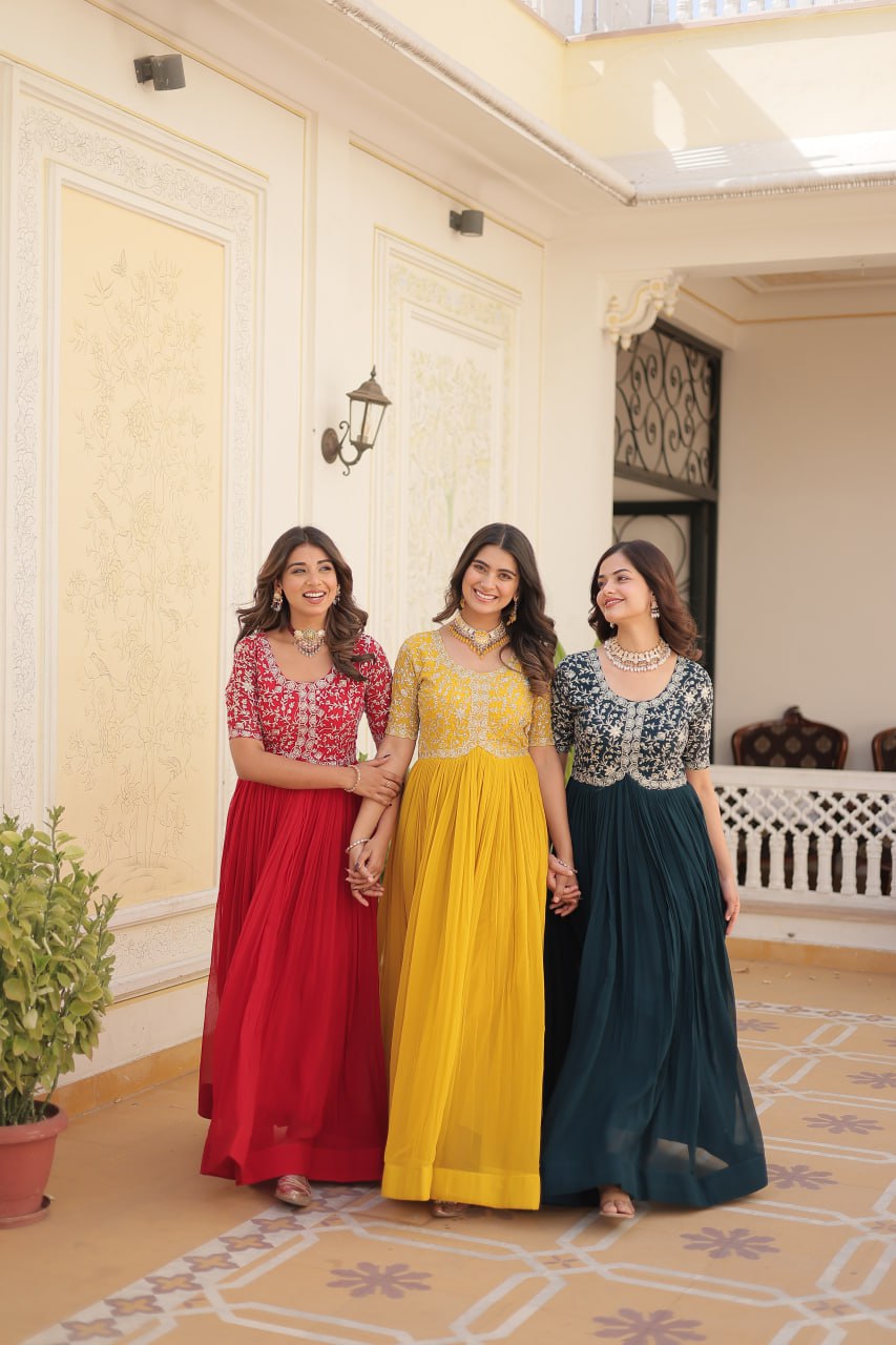 Elegant Faux Georgette Zari Sequins Worked Designer Gown - Ethnicwish
