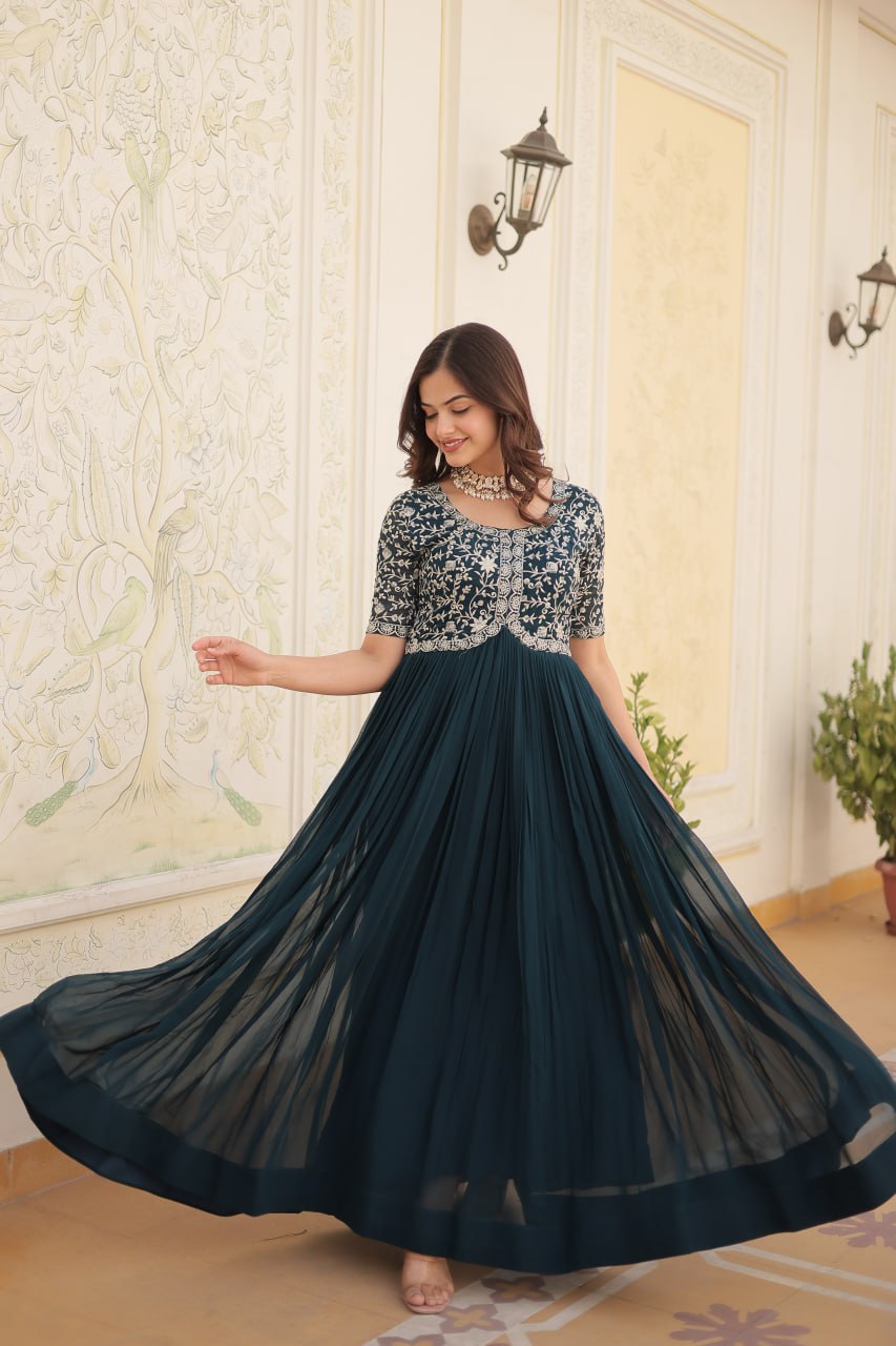 Elegant Faux Georgette Zari Sequins Worked Designer Gown - Ethnicwish