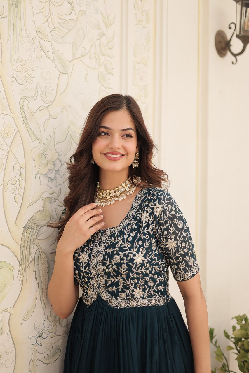 Elegant Faux Georgette Zari Sequins Worked Designer Gown - Ethnicwish
