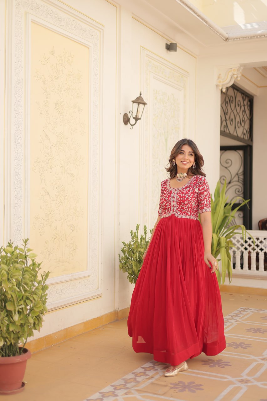 Elegant Faux Georgette Zari Sequins Worked Designer Gown - Ethnicwish