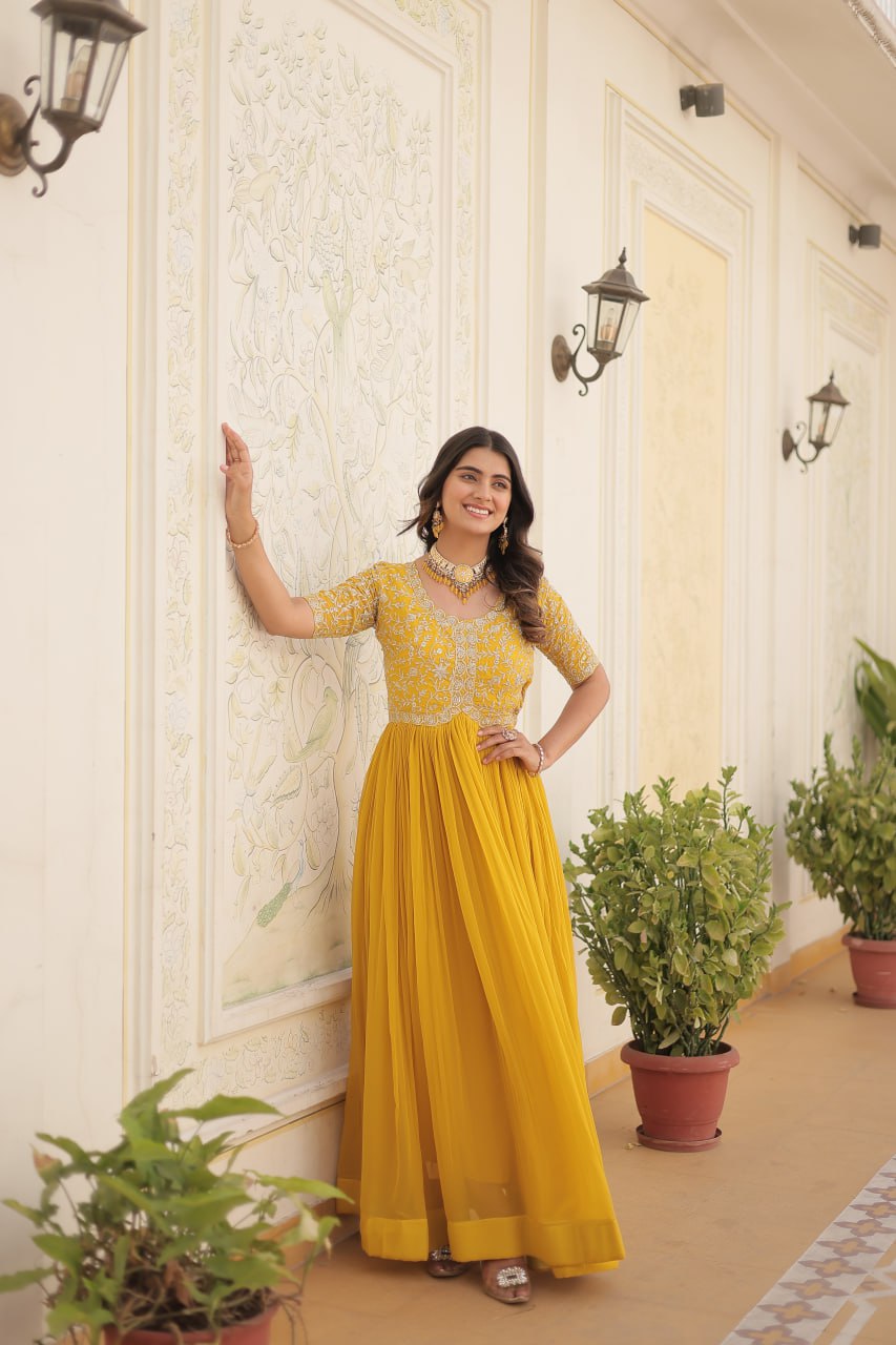 Elegant Faux Georgette Zari Sequins Worked Designer Gown - Ethnicwish