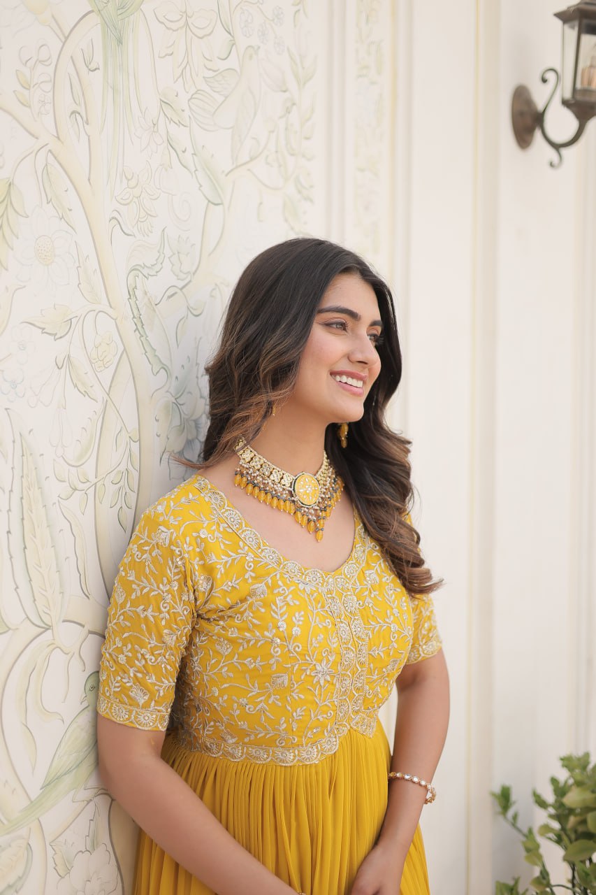 Elegant Faux Georgette Zari Sequins Worked Designer Gown - Ethnicwish