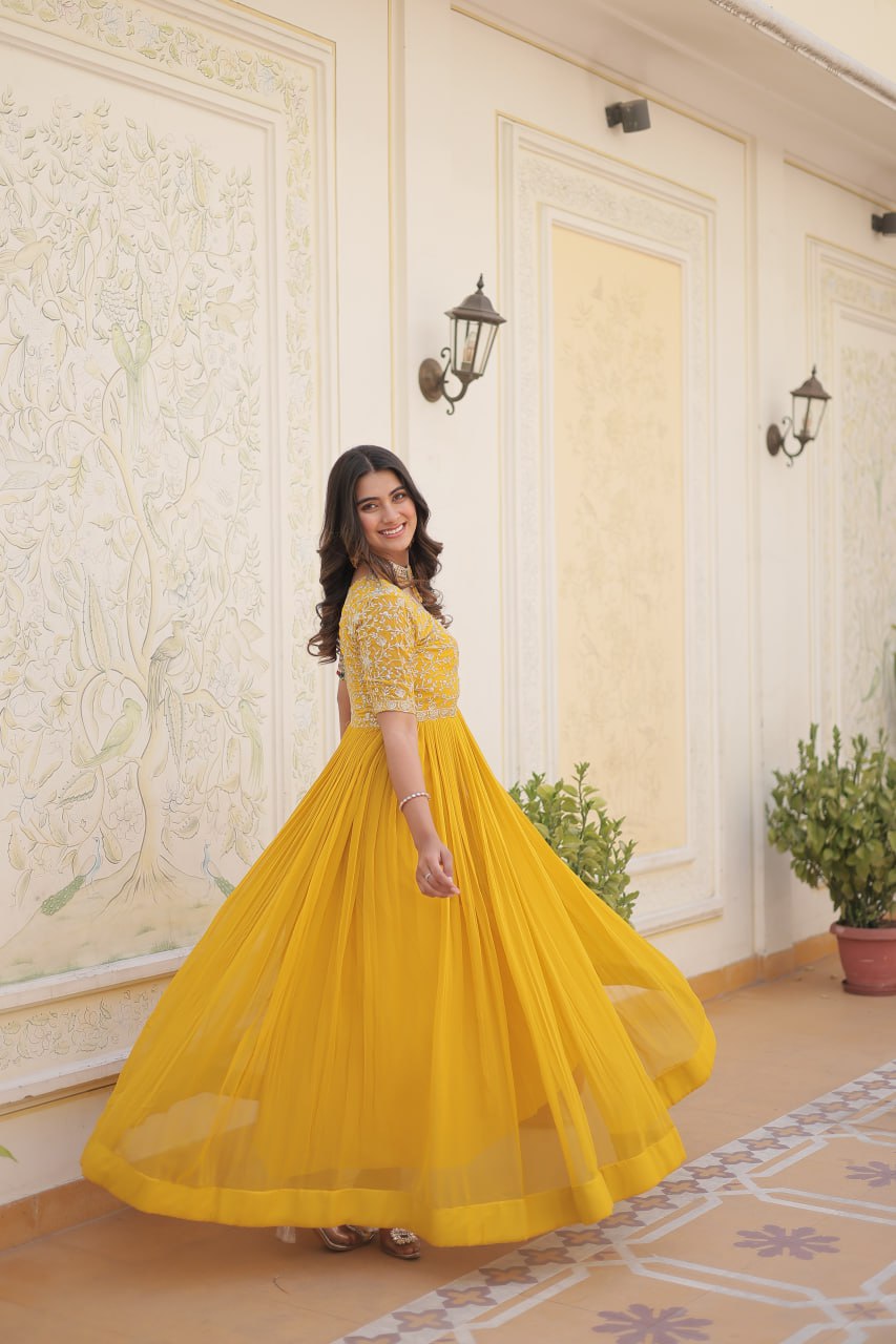 Elegant Faux Georgette Zari Sequins Worked Designer Gown - Ethnicwish