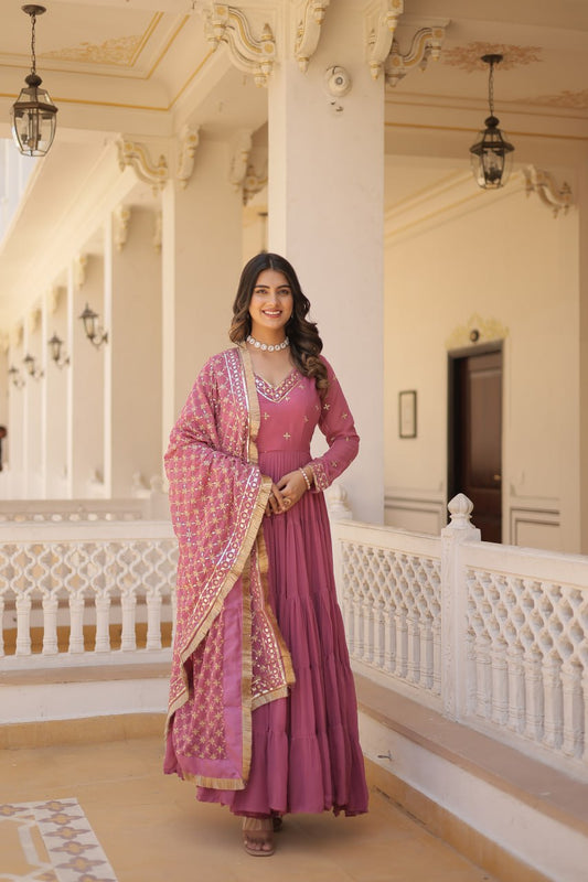 Gorgeous Faux Georgette Sequins Embroidered Gown With Dupatta - Ethnicwish