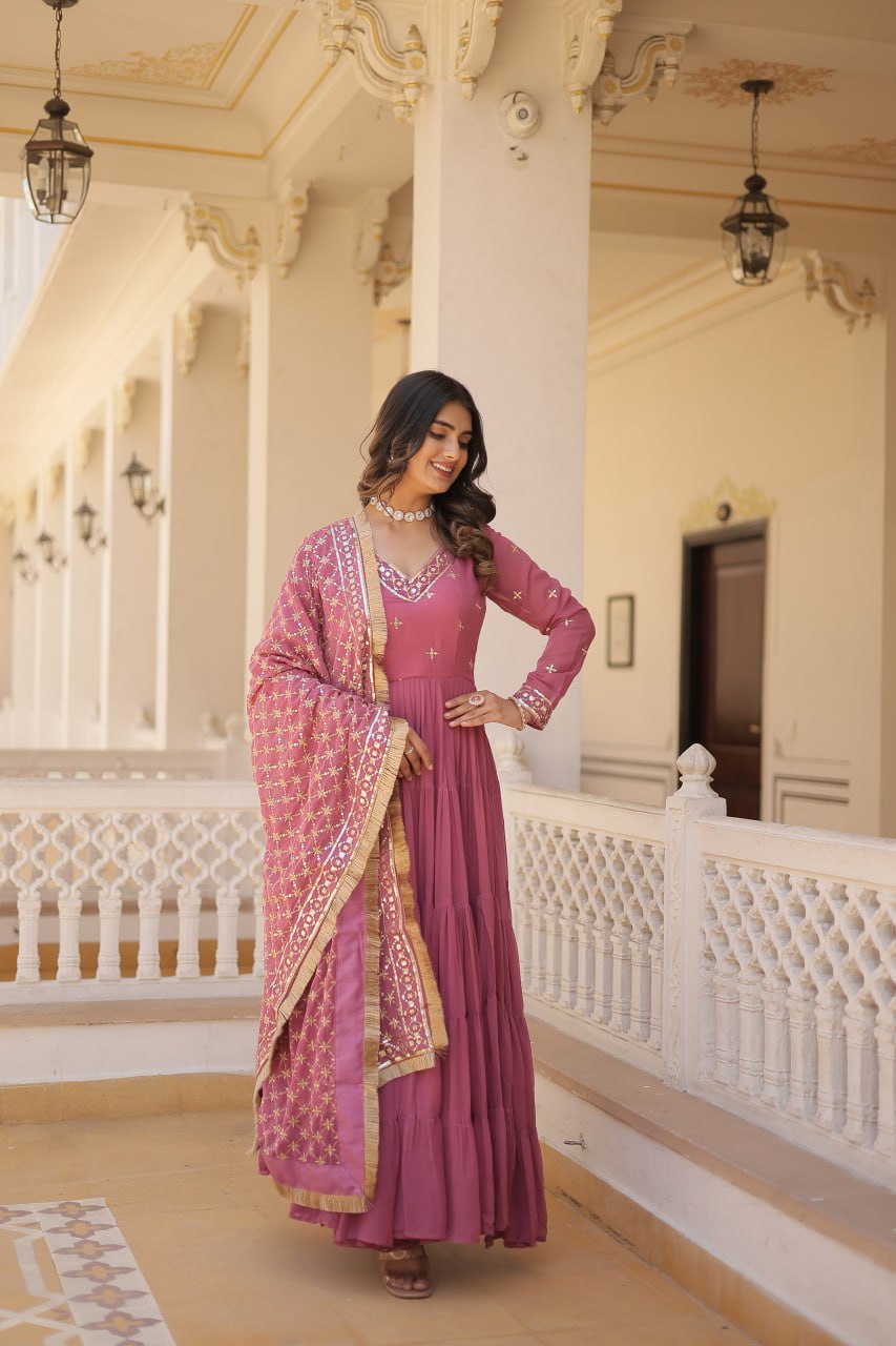 Gorgeous Faux Georgette Sequins Embroidered Gown With Dupatta - Ethnicwish