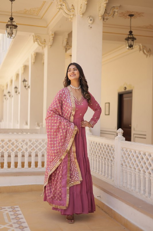 Gorgeous Faux Georgette Sequins Embroidered Gown With Dupatta - Ethnicwish
