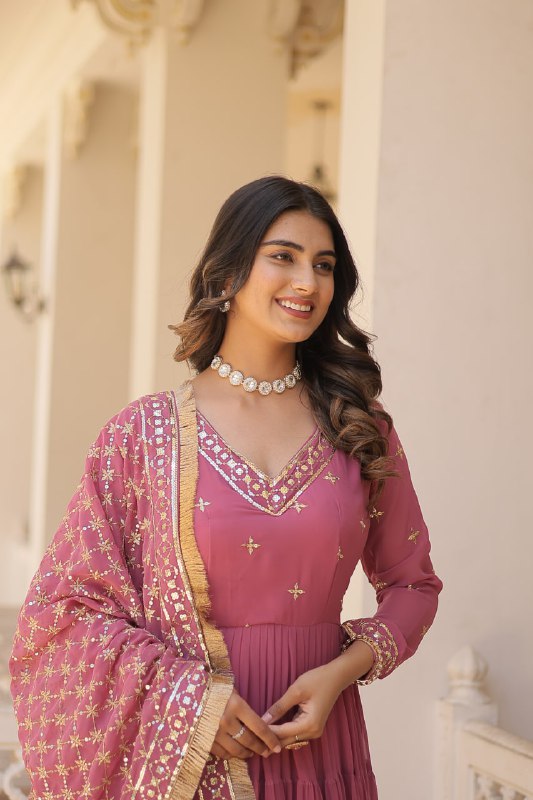 Gorgeous Faux Georgette Sequins Embroidered Gown With Dupatta - Ethnicwish