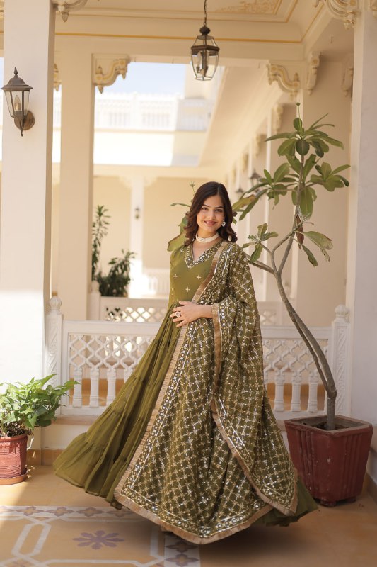 Gorgeous Faux Georgette Sequins Embroidered Gown With Dupatta - Ethnicwish