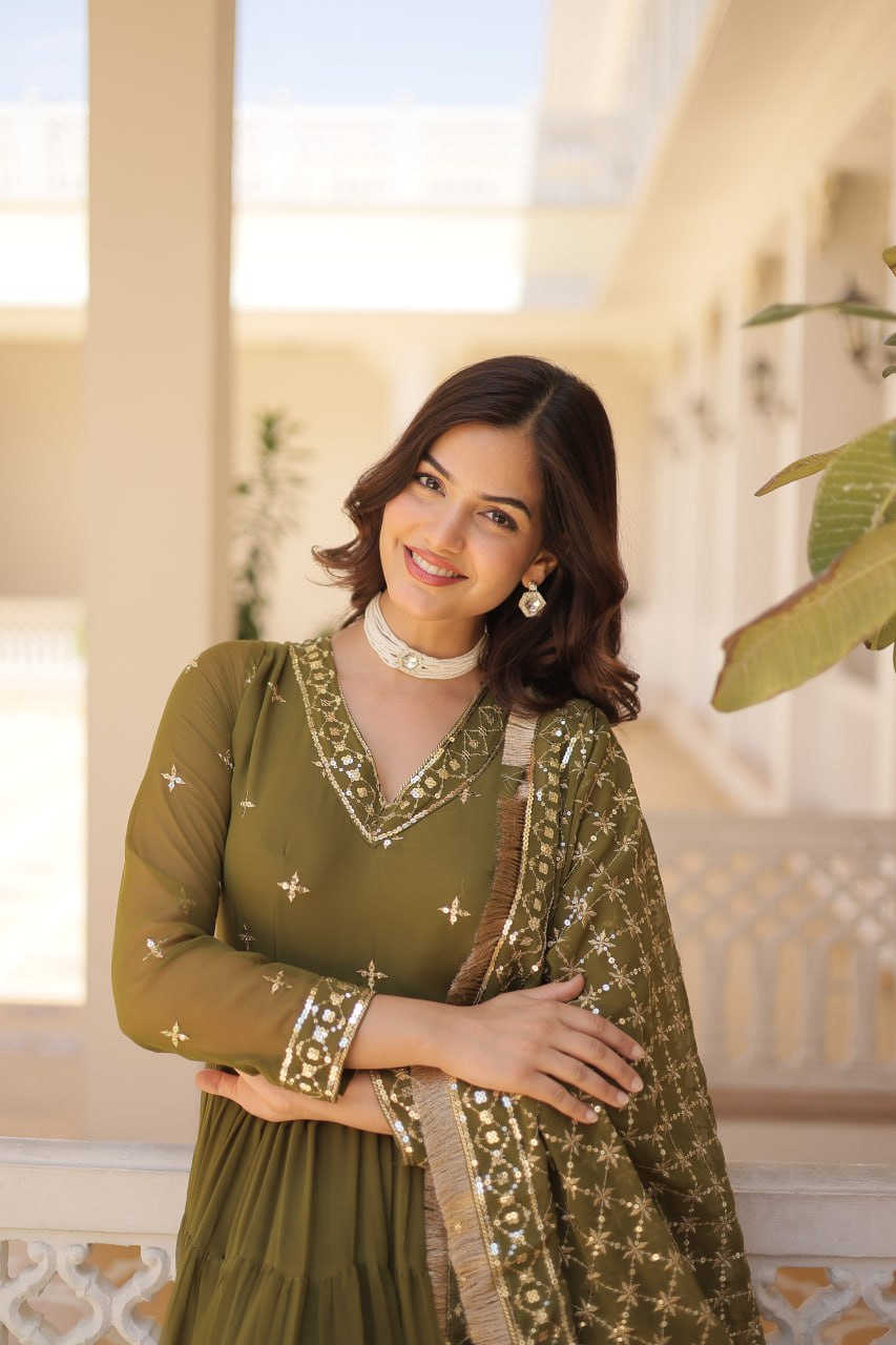 Gorgeous Faux Georgette Sequins Embroidered Gown With Dupatta - Ethnicwish