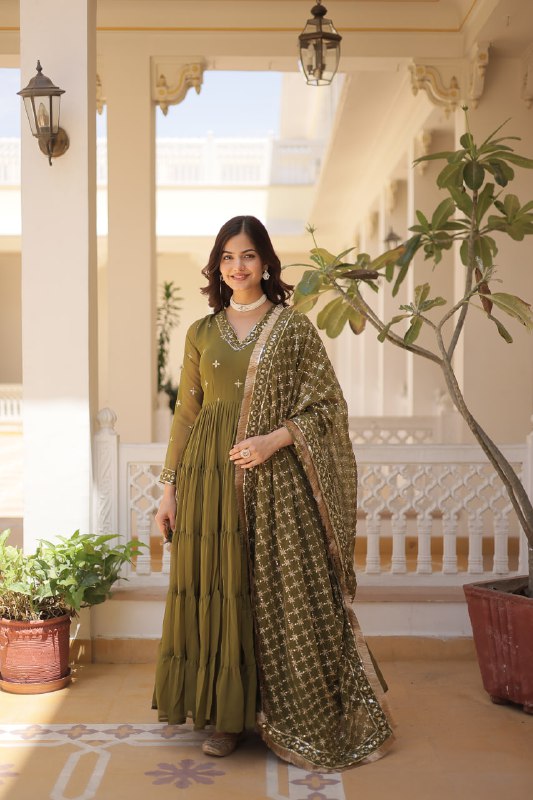 Gorgeous Faux Georgette Sequins Embroidered Gown With Dupatta - Ethnicwish