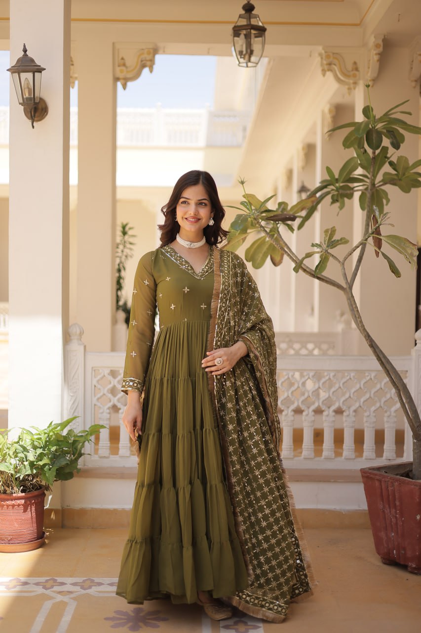 Gorgeous Faux Georgette Sequins Embroidered Gown With Dupatta - Ethnicwish