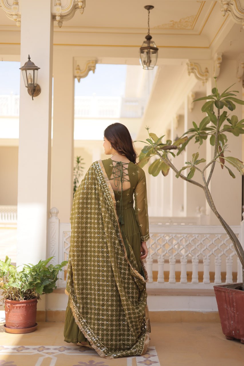 Gorgeous Faux Georgette Sequins Embroidered Gown With Dupatta - Ethnicwish