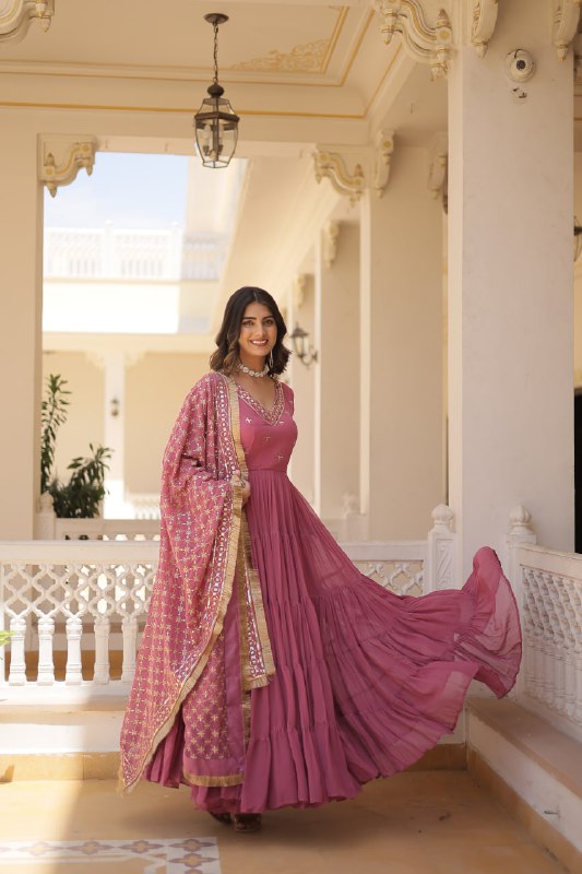 Gorgeous Faux Georgette Sequins Embroidered Gown With Dupatta - Ethnicwish