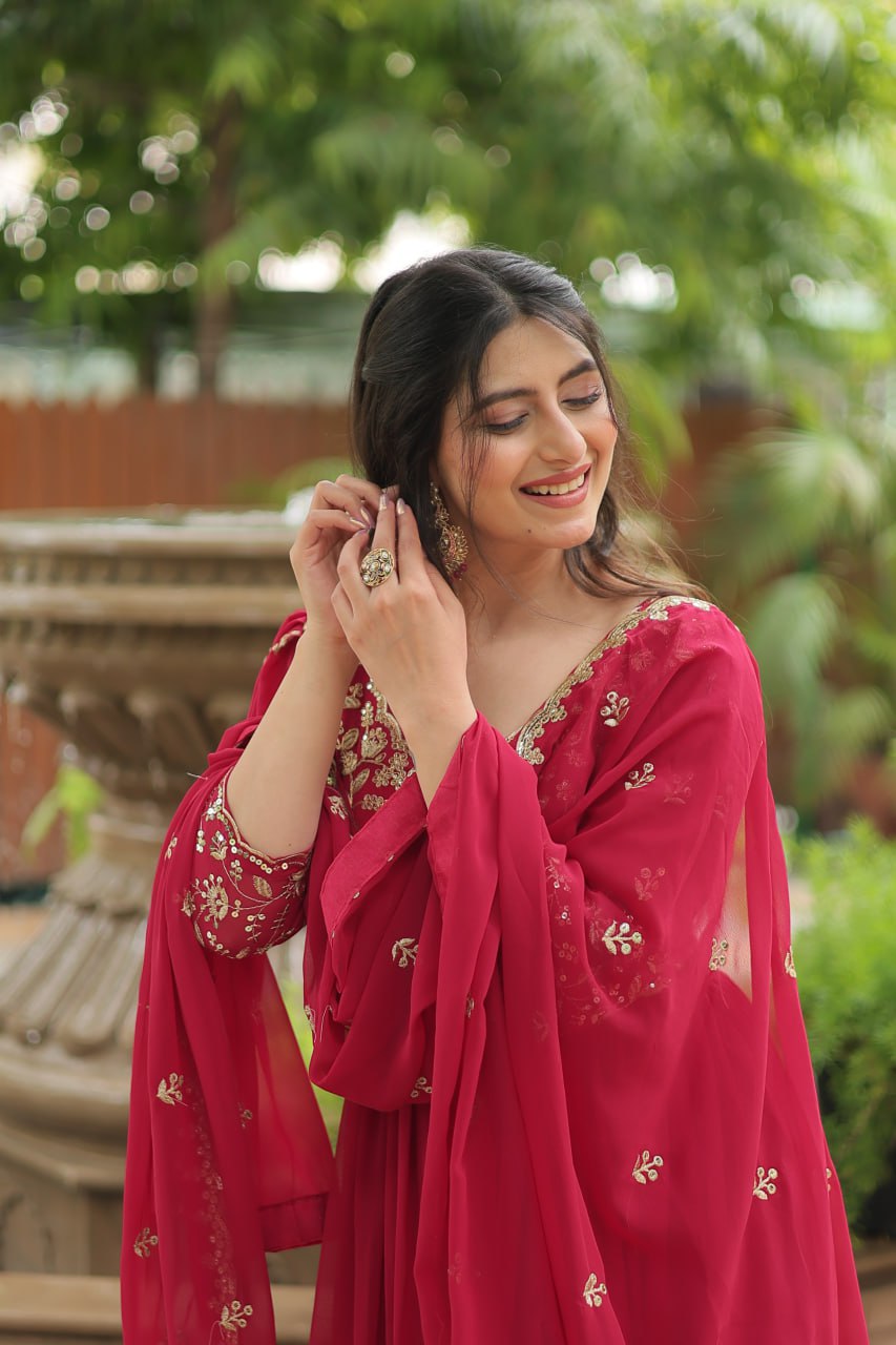 Dashing Pink Faux Georgette Sequins Embroidered Gown With Dupatta - Ethnicwish
