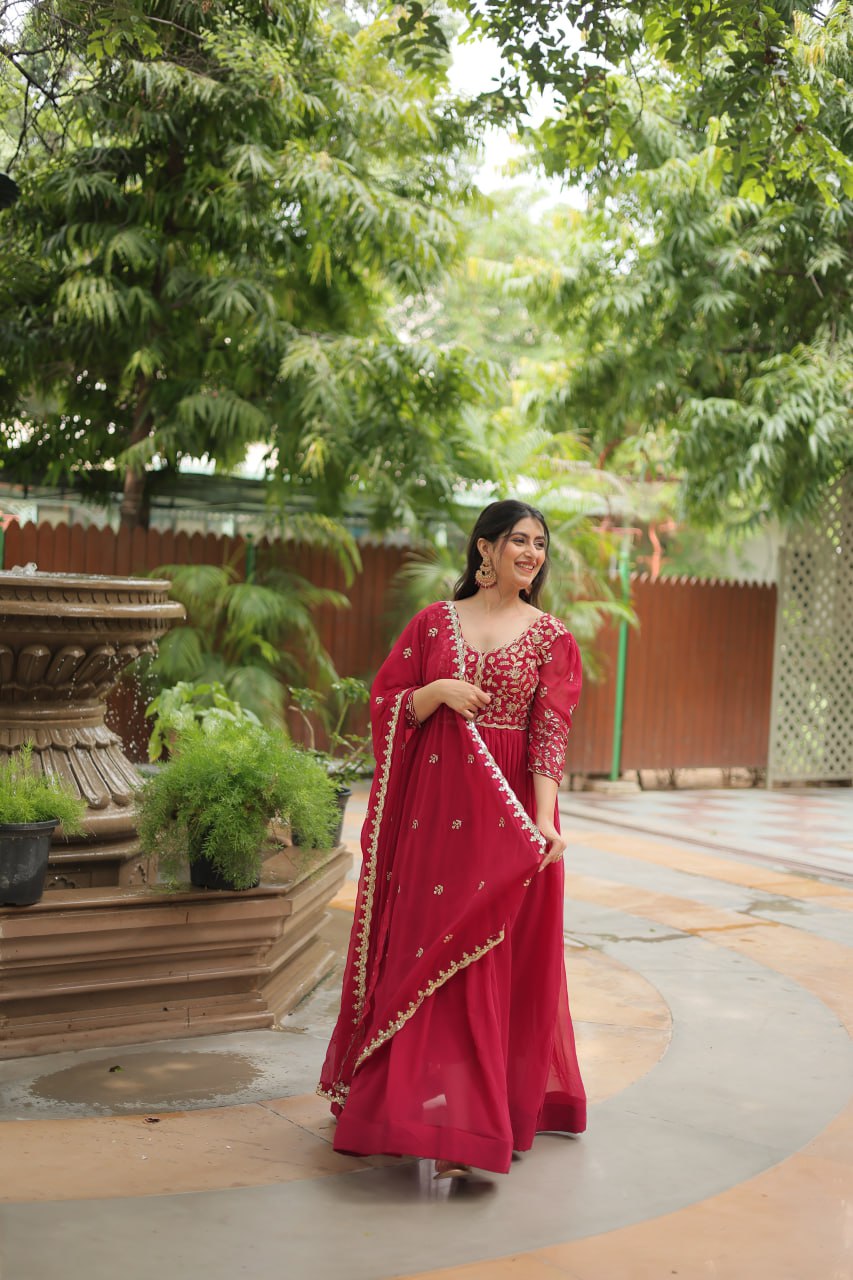 Dashing Pink Faux Georgette Sequins Embroidered Gown With Dupatta - Ethnicwish