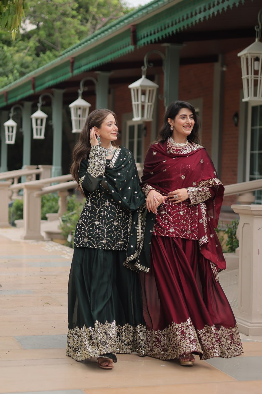 Alluring Rangoli Silk Sequins Thread Worked Top Palazzo Suit - Ethnicwish