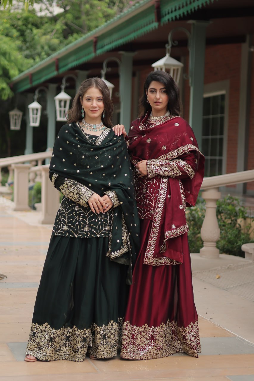 Alluring Rangoli Silk Sequins Thread Worked Top Palazzo Suit - Ethnicwish
