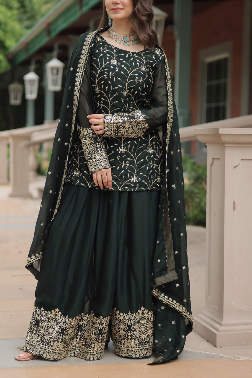Alluring Rangoli Silk Sequins Thread Worked Top Palazzo Suit - Ethnicwish