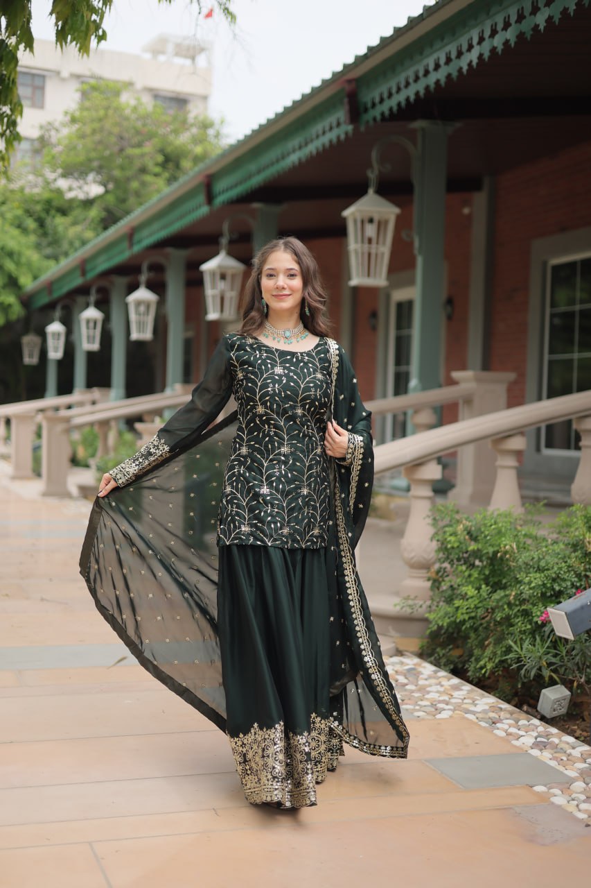Alluring Rangoli Silk Sequins Thread Worked Top Palazzo Suit - Ethnicwish