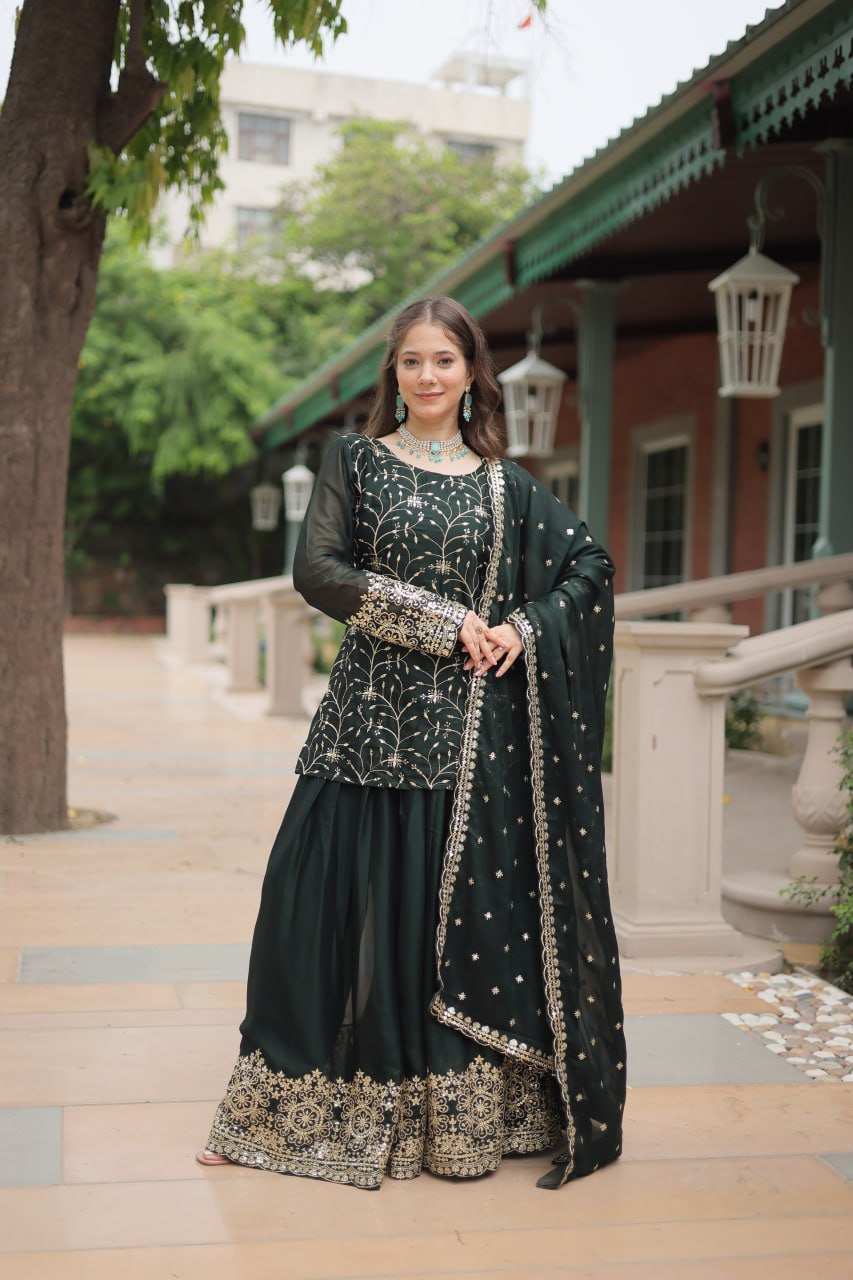 Alluring Rangoli Silk Sequins Thread Worked Top Palazzo Suit - Ethnicwish