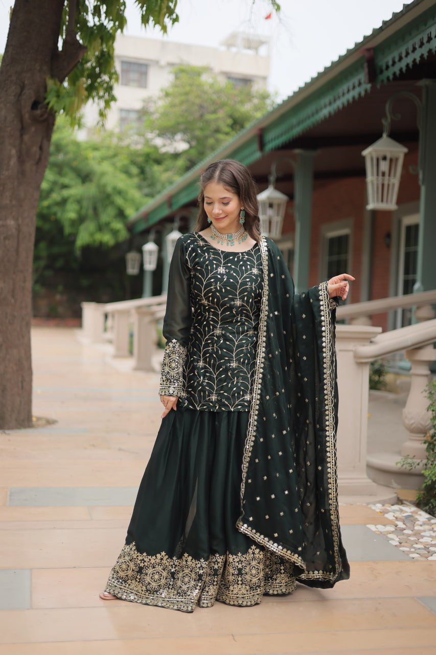 Alluring Rangoli Silk Sequins Thread Worked Top Palazzo Suit - Ethnicwish