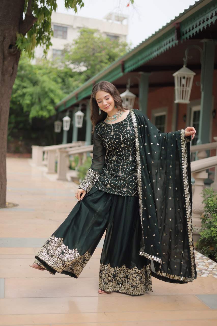Alluring Rangoli Silk Sequins Thread Worked Top Palazzo Suit - Ethnicwish