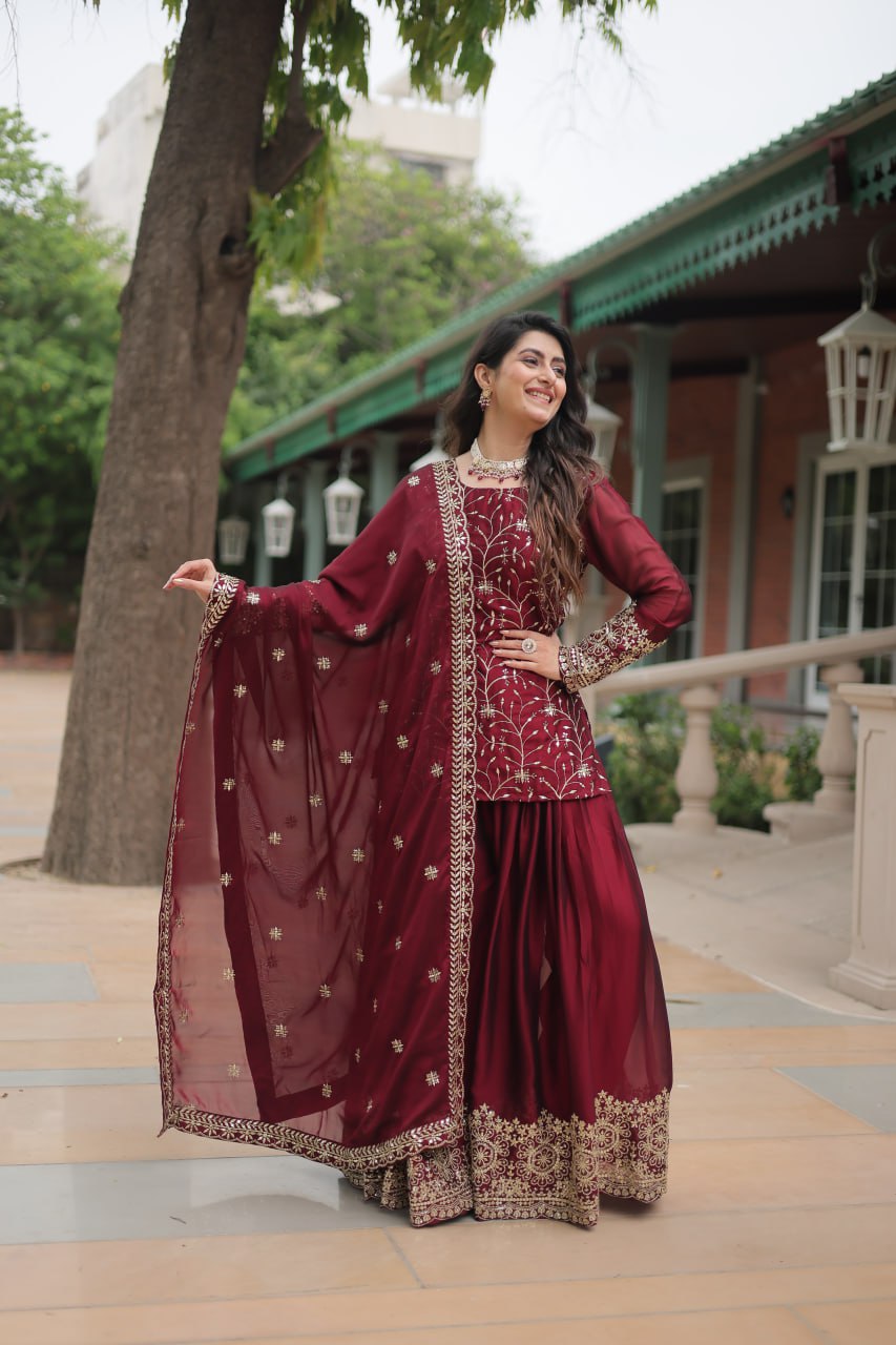 Alluring Rangoli Silk Sequins Thread Worked Top Palazzo Suit - Ethnicwish