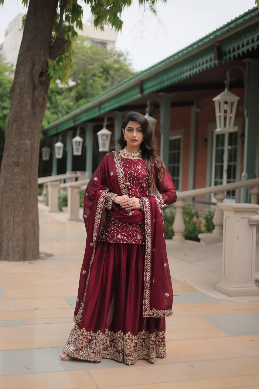 Alluring Rangoli Silk Sequins Thread Worked Top Palazzo Suit - Ethnicwish