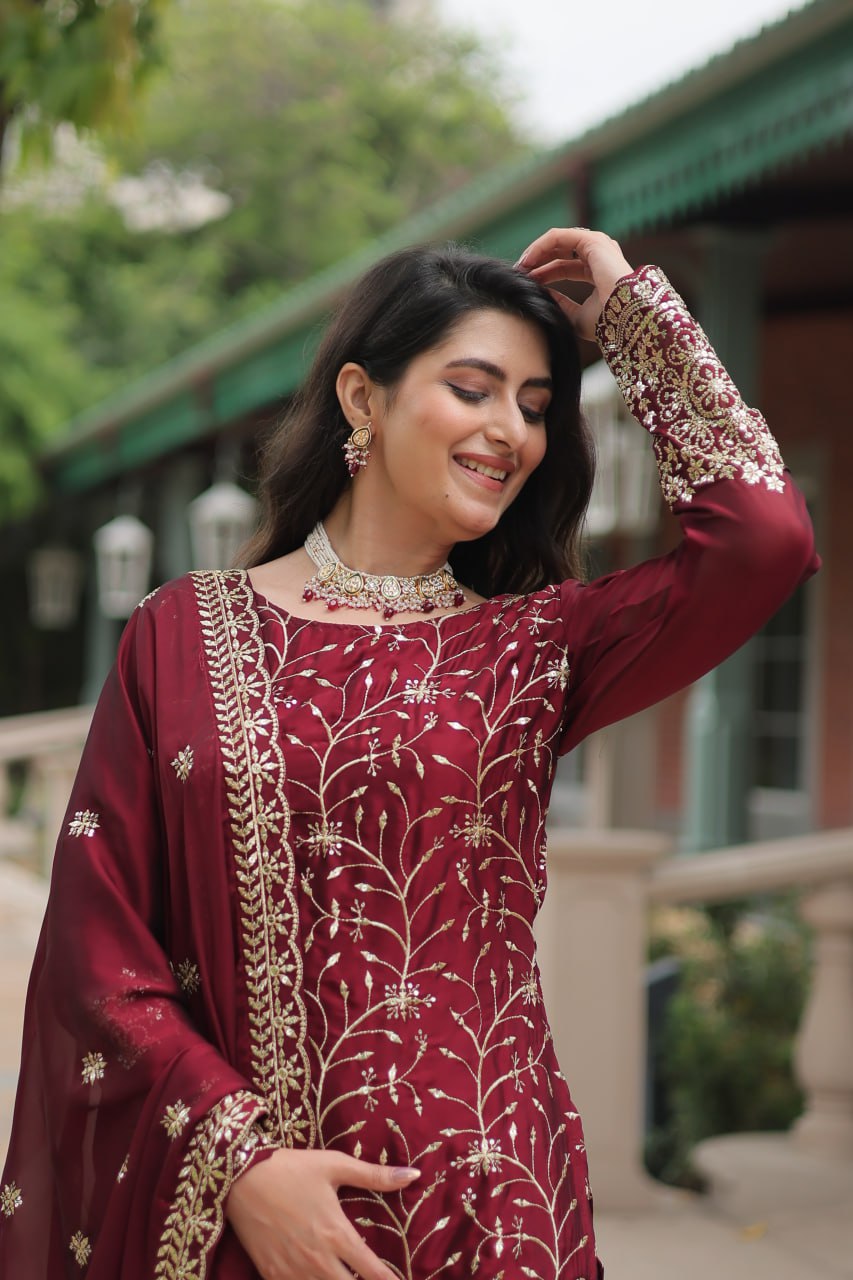 Alluring Rangoli Silk Sequins Thread Worked Top Palazzo Suit - Ethnicwish