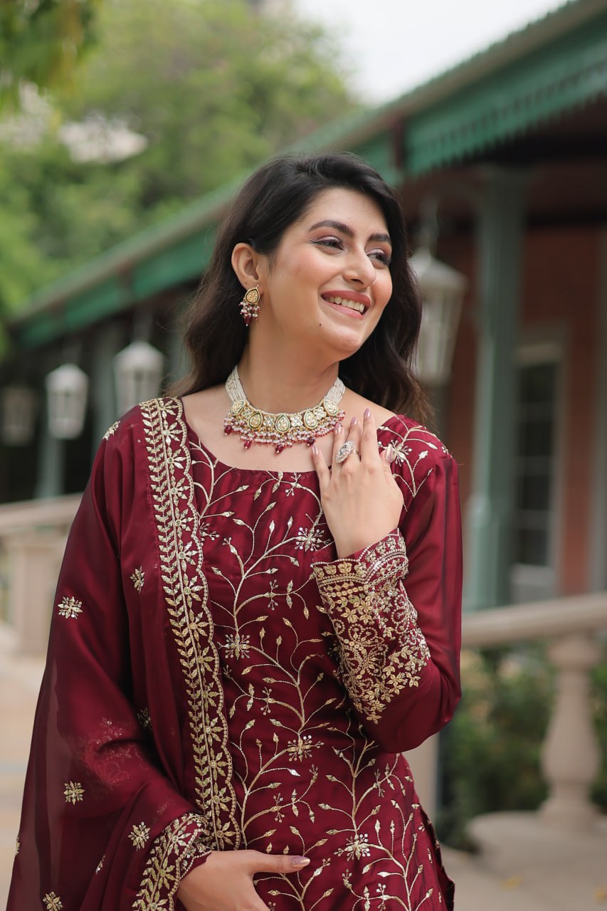 Alluring Rangoli Silk Sequins Thread Worked Top Palazzo Suit - Ethnicwish