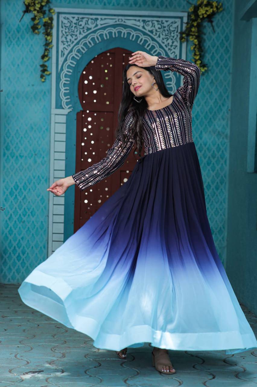 Wine Faux Georgette Sequins Embroidered Shaded Gown - Ethnicwish